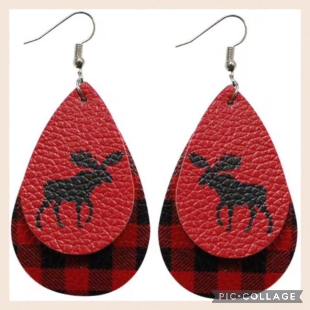 NWT Awesome Red & Black Moose Buffalo Plaid Earrings